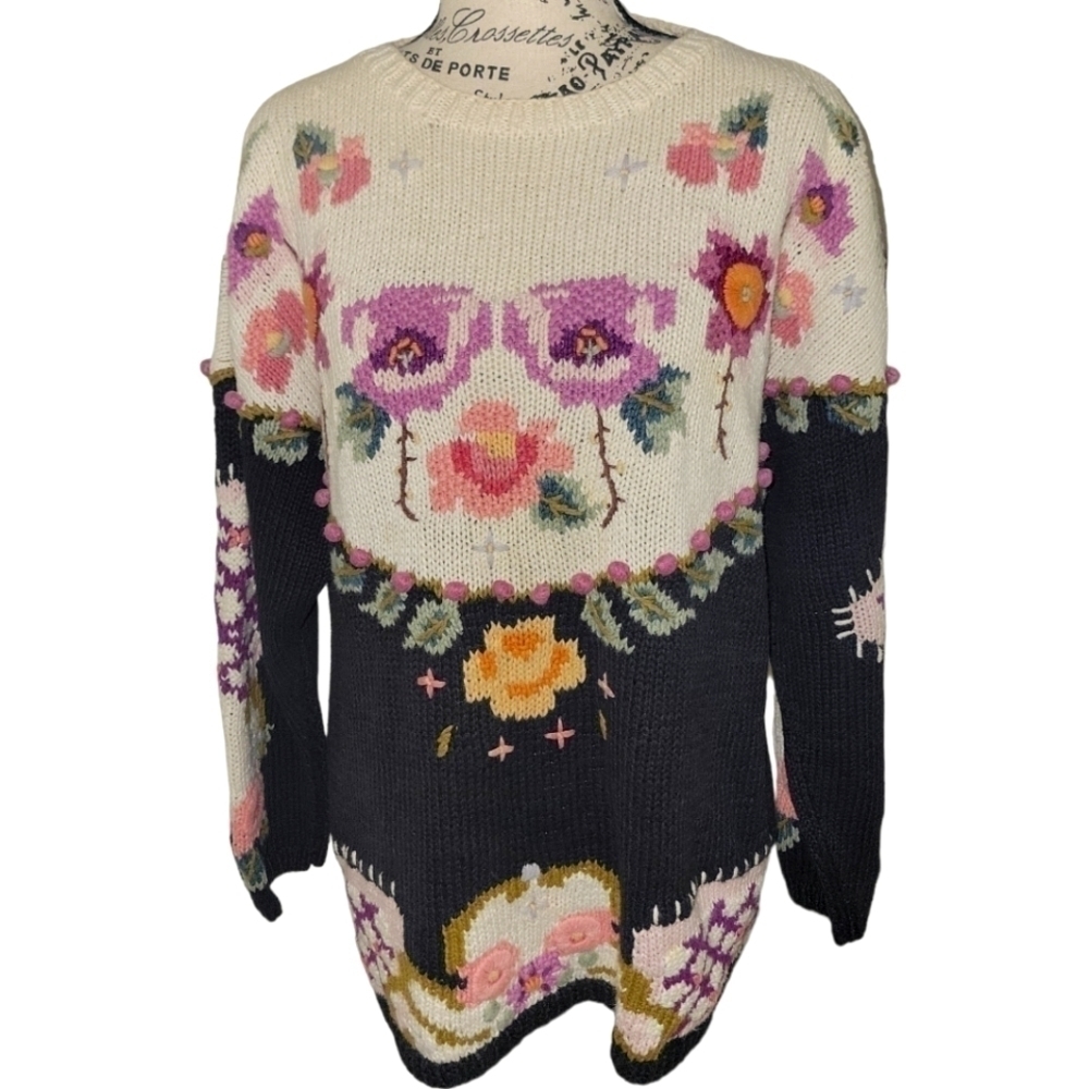 Cullinane Cottagecore Floral Pom Pom Novelty Sweater Women Purple